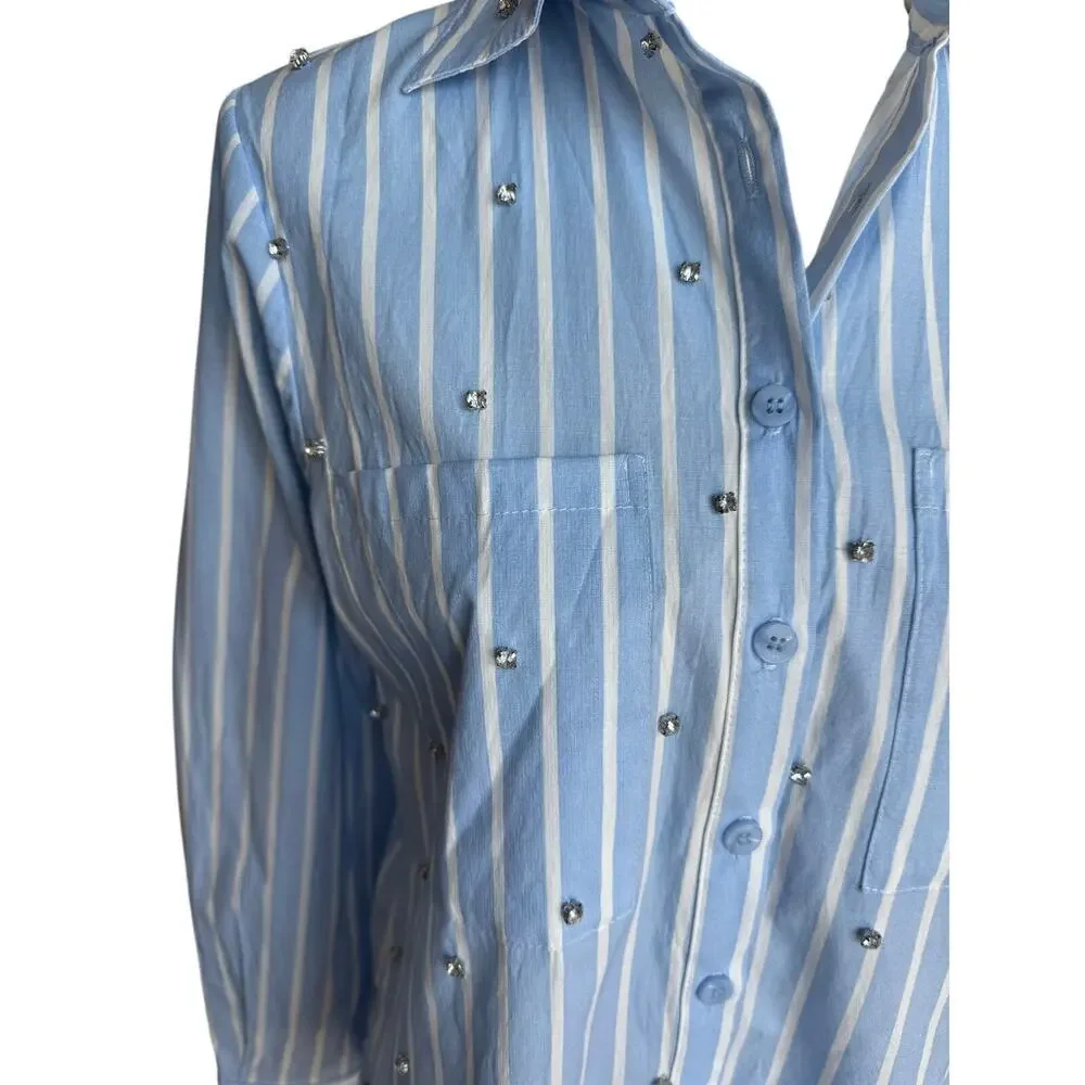 Villa Fashion Blue Stripe Embellished Button Down Shirt Rhinestone Top Medium